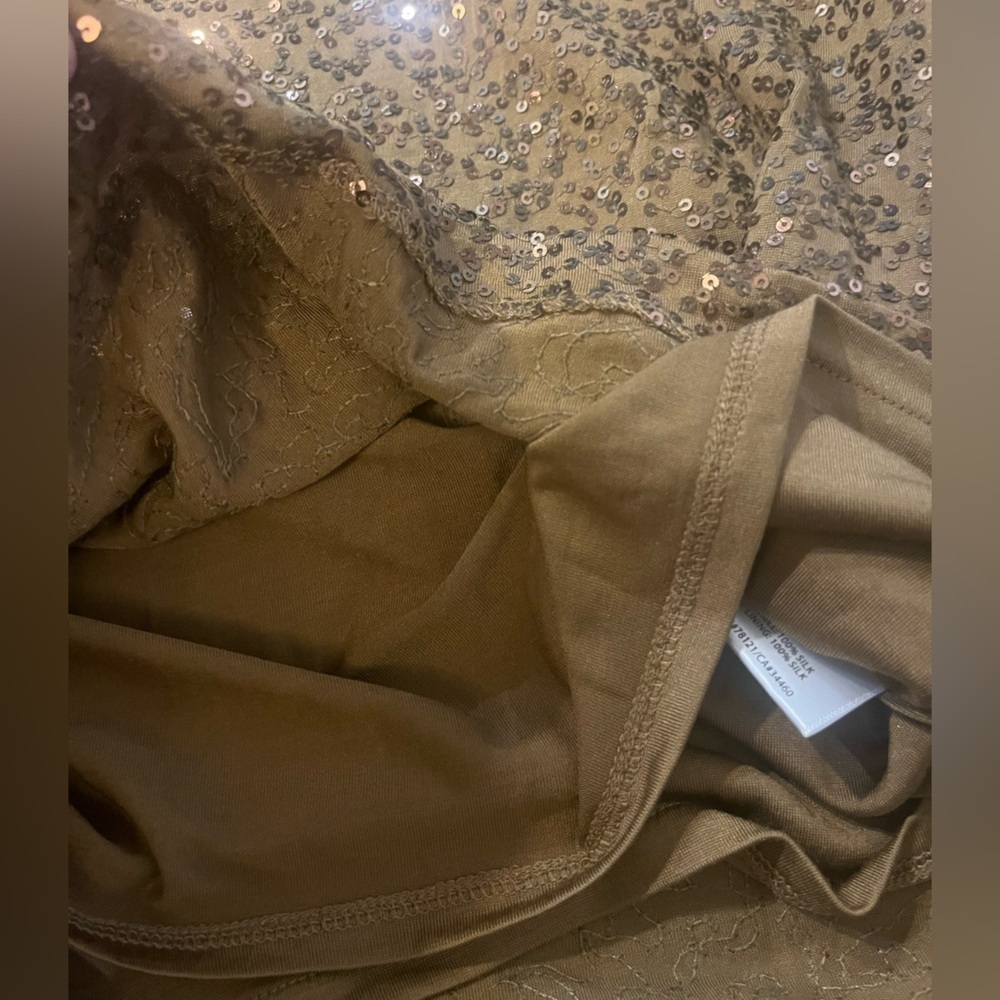 Eileen Fisher 100% Silk Sequin Cowl Neck 3/4 Sleeve Old Money Green/Gold Large - Picture 6 of 8